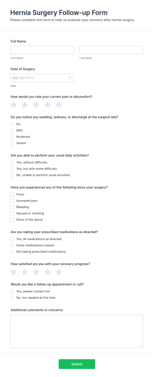 Hernia Surgery Follow Up Survey Form Template