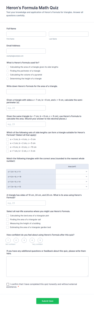 Heron’s Formula Math Quiz Form Template