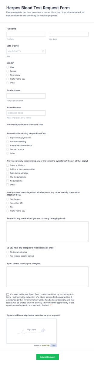Herpes Blood Test Request Form Template