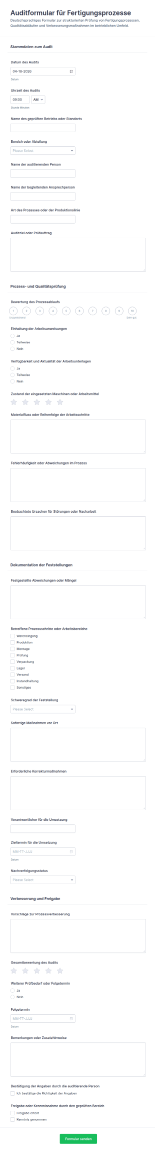 Herstellungsprozess Audit Fragebogen