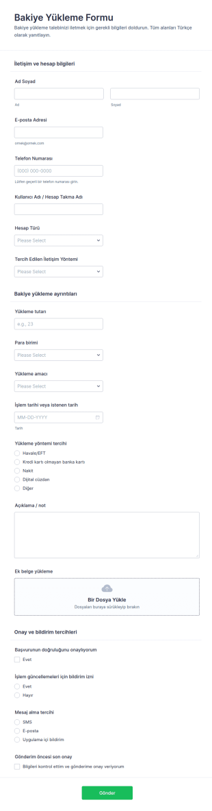 Hesap Bakiyesi Yükleme Form Şablonu
