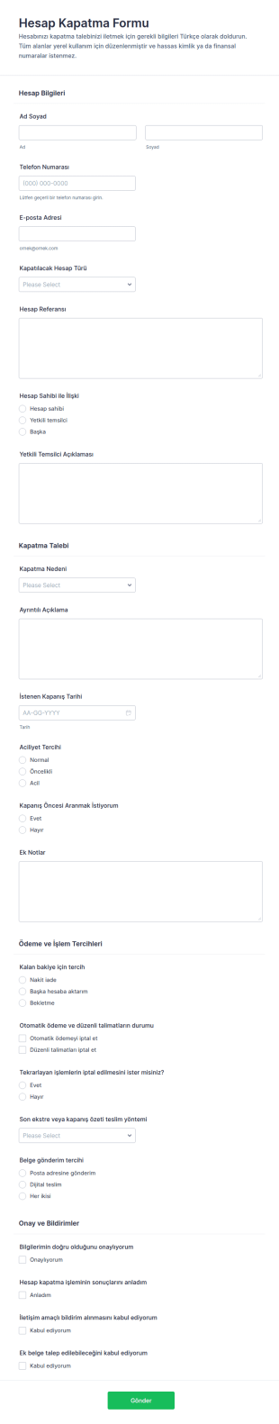 Hesap Kapatma Form Şablonu
