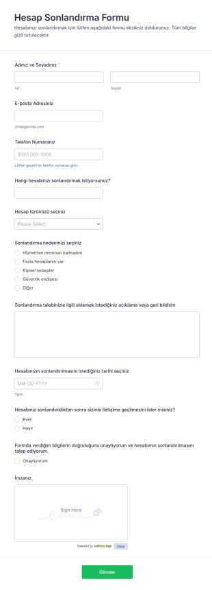 Hesap Sonlandırma Form Şablonu
