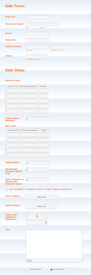 Hesaplamalı Masraf Geri Ödeme Form Şablonu