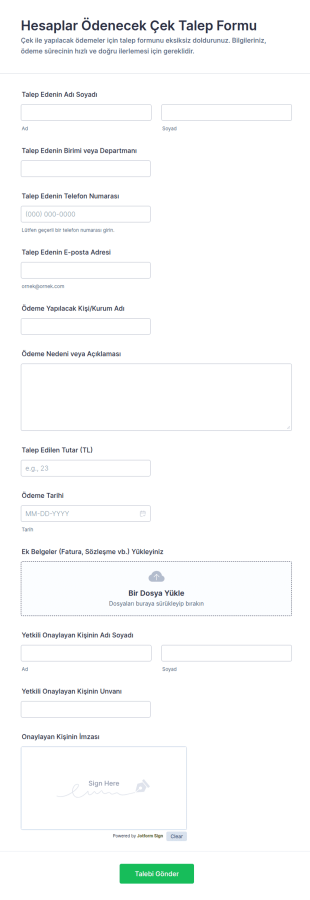 Hesaplar Ödenecek Çek Talep Form Şablonu