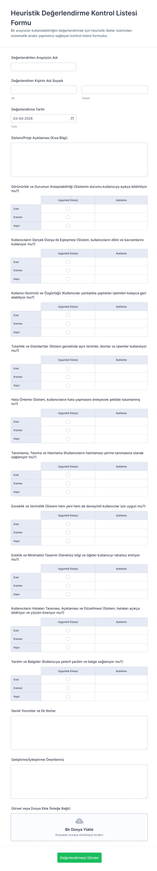 Heuristik Değerlendirme Kontrol Listesi Form Şablonu