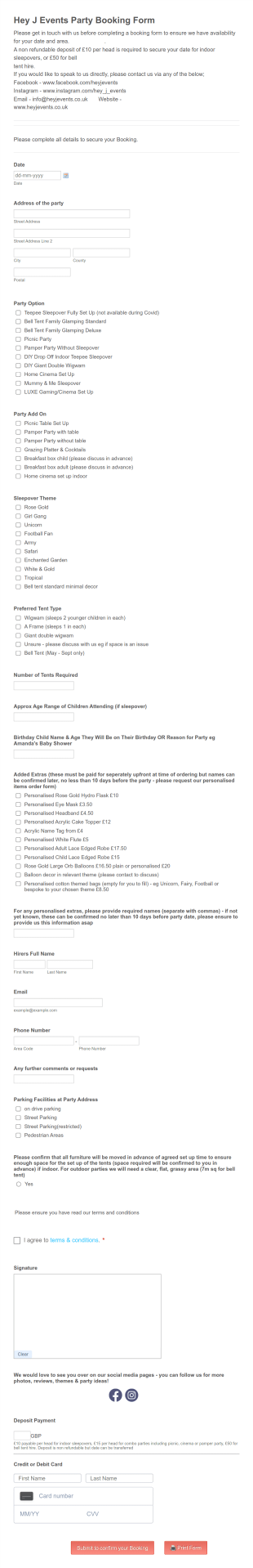 Hey J Events Party Booking Form Template