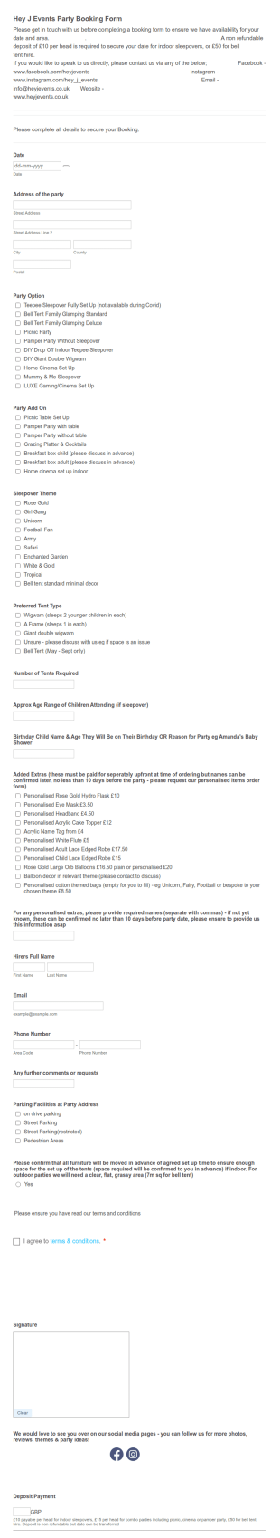 Hey J Events Party Booking Form Template