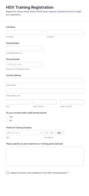 HGV Training Registration Form Template