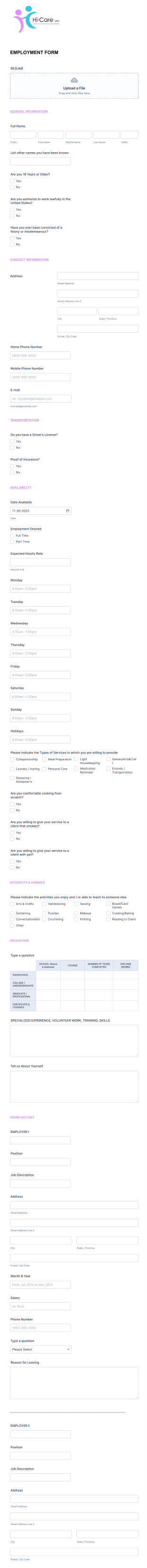 Hi Care Employment Form Template