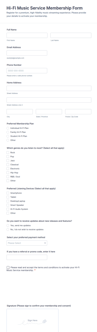 Hi Fi Music Service Membership Form Template