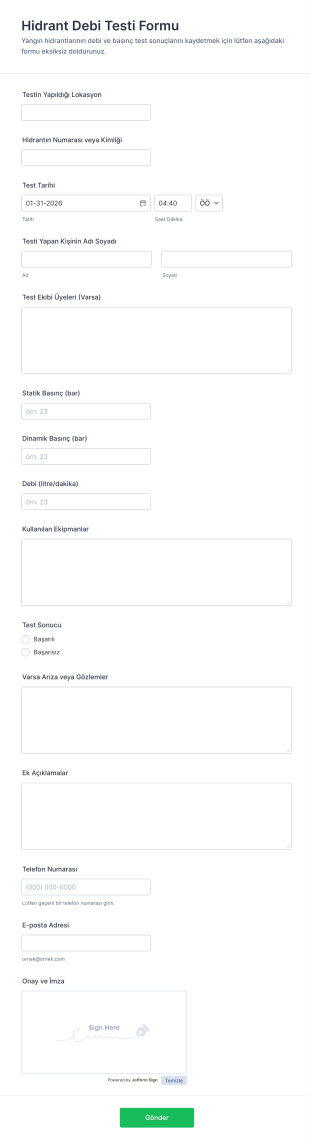 Hidrant Debi Testi Form Şablonu