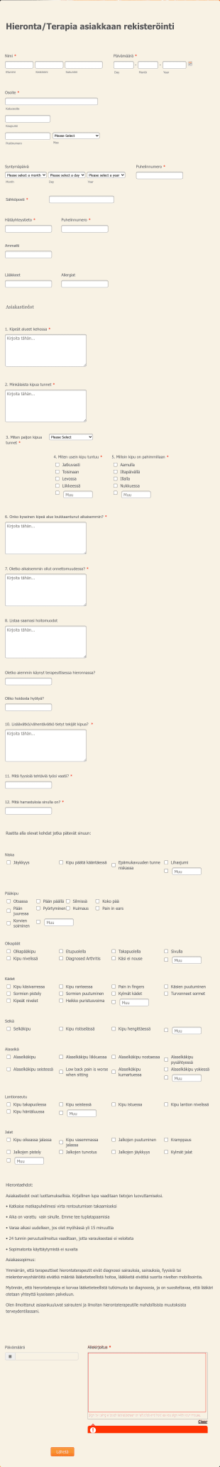 Hieronta/Terapia Asiakkaan Rekisteröinti Form Template