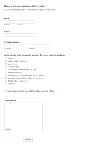 Hierontapalveluiden COVID 19 Esitietolomake