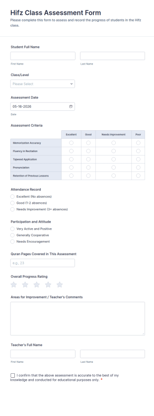 Hifz Class Assessment Form Template