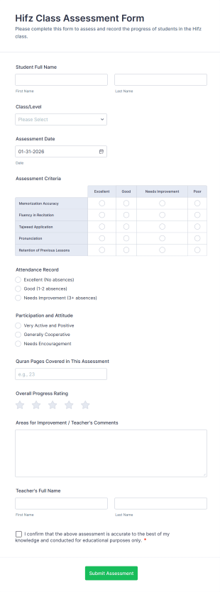 Hifz Class Assessment Form Template