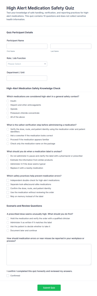 High Alert Medication Safety Quiz Form Template