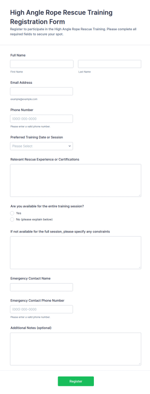 High Angle Rope Rescue Training Registration Form Template