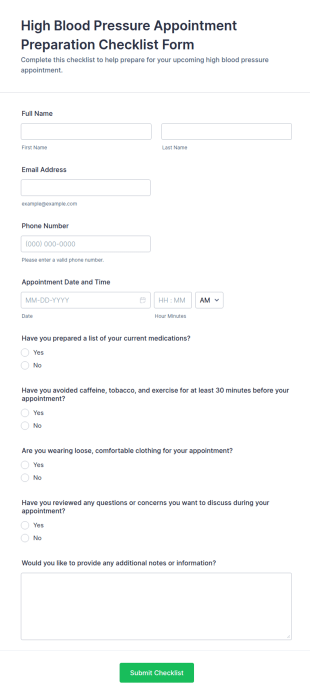 High Blood Pressure Appointment Preparation Checklist Form Template