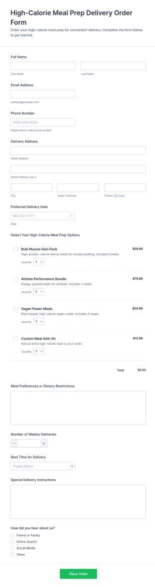 High Calorie Meal Prep Delivery Order Form Template