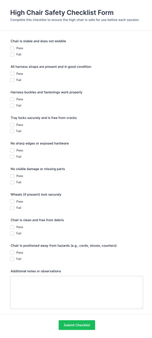 High Chair Safety Checklist Form Template