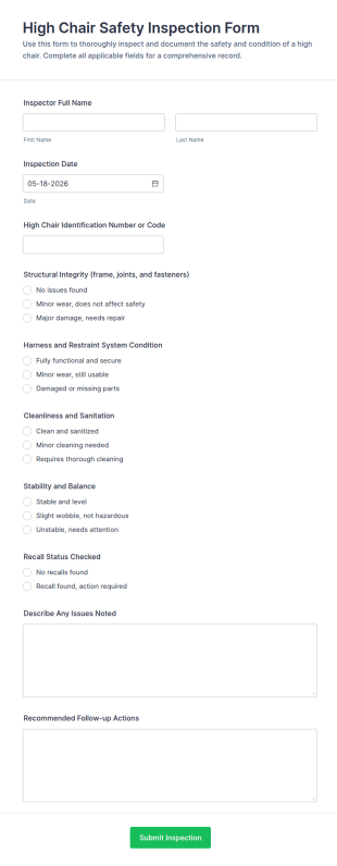 High Chair Safety Inspection Form Template