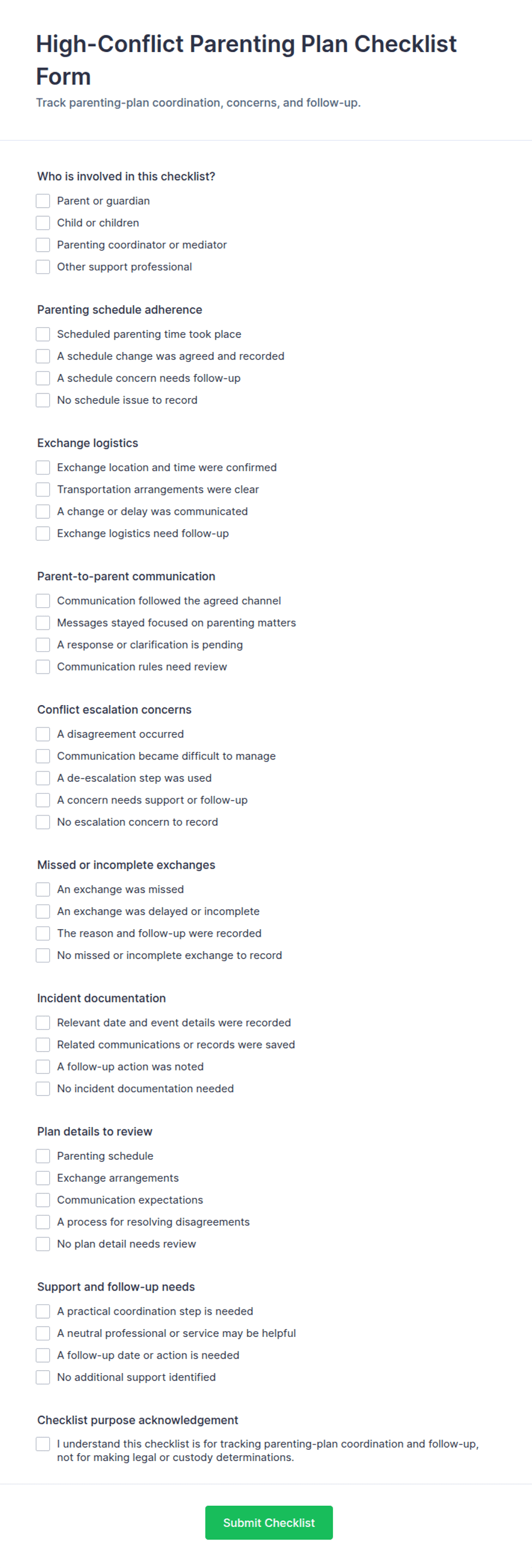 High-Conflict Parenting Plan Checklist Form Template | Jotform