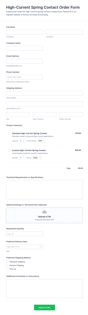 High Current Spring Contact Order Form Template