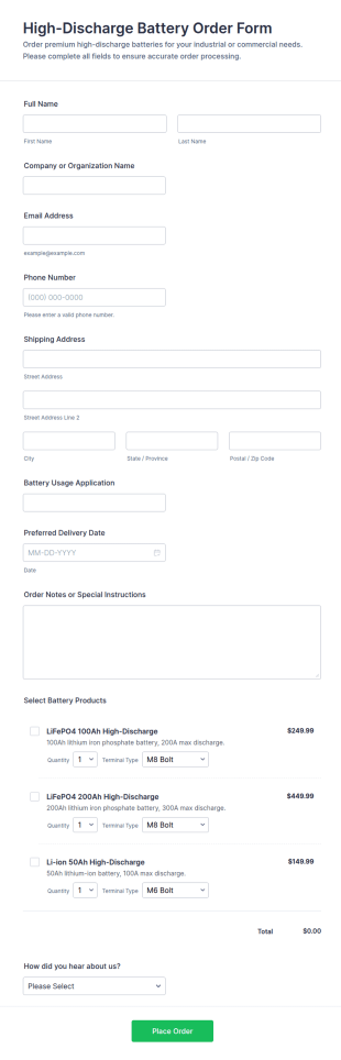 High Discharge Battery Order Form Template