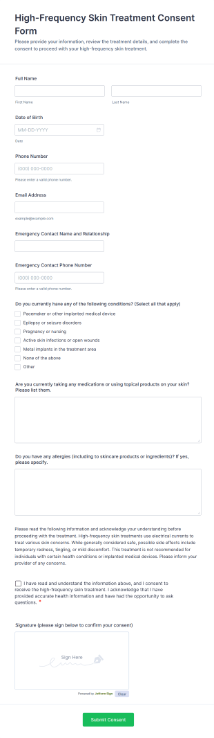 High Frequency Skin Treatment Consent Form Template