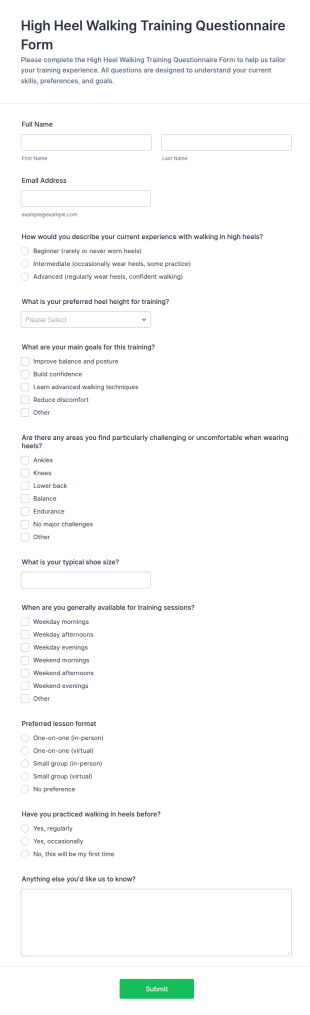 High Heel Walking Training Questionnaire Form Template