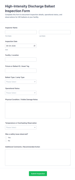 High Intensity Discharge Ballast Inspection Form Template