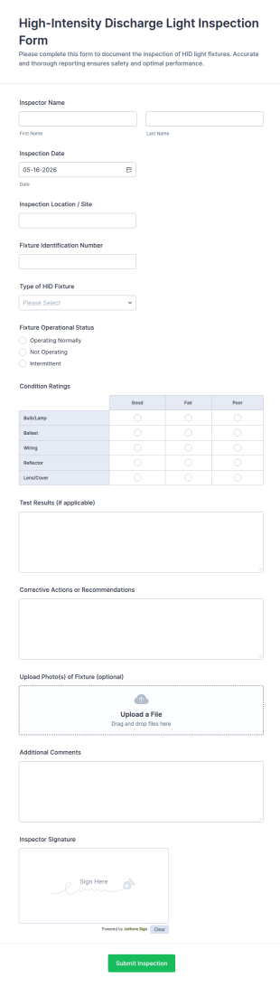 High Intensity Discharge Light Inspection Form Template
