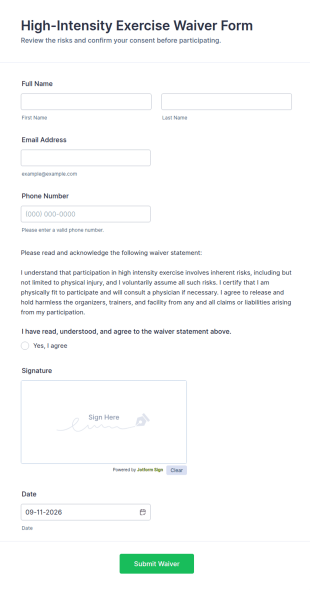 High Intensity Exercise Waiver Form Template