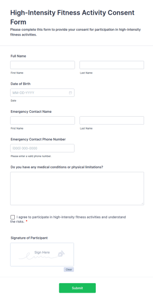 High Intensity Fitness Activity Consent Form Template
