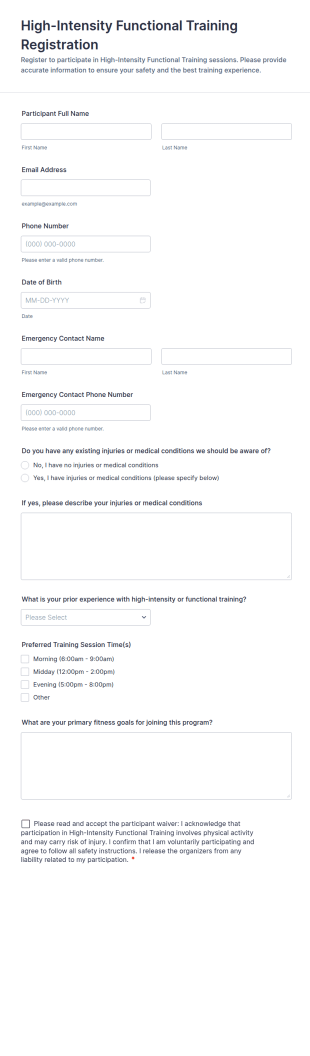High Intensity Functional Training Registration Form Template