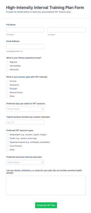 High Intensity Interval Training Plan Form Template