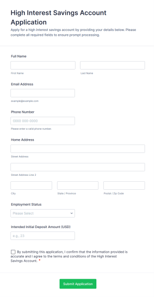 High Interest Savings Account Application Form Template