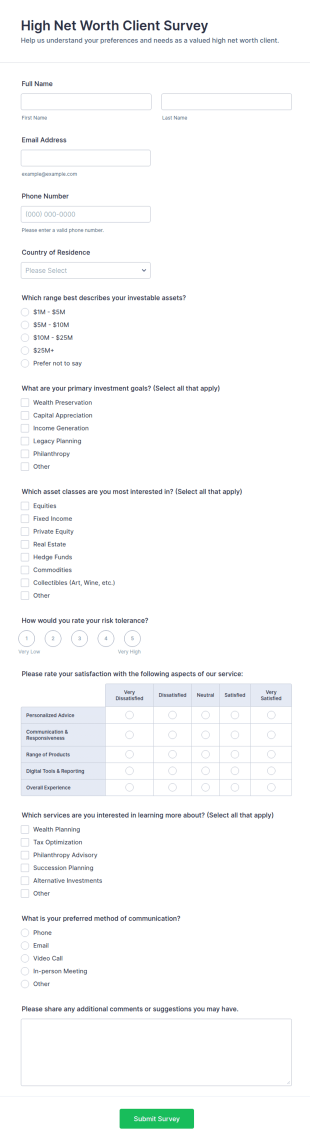 High Net Worth Client Survey Form Template