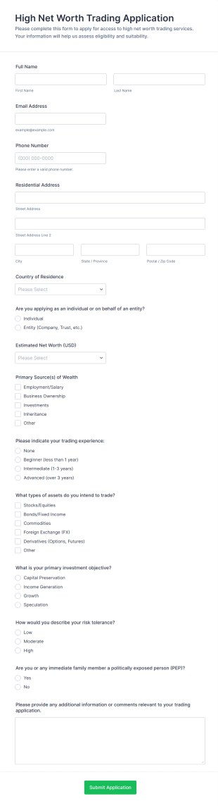 High Net Worth Trading Application Form Template