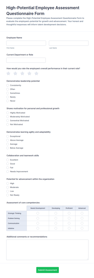 High Potential Employee Assessment Questionnaire Form Template