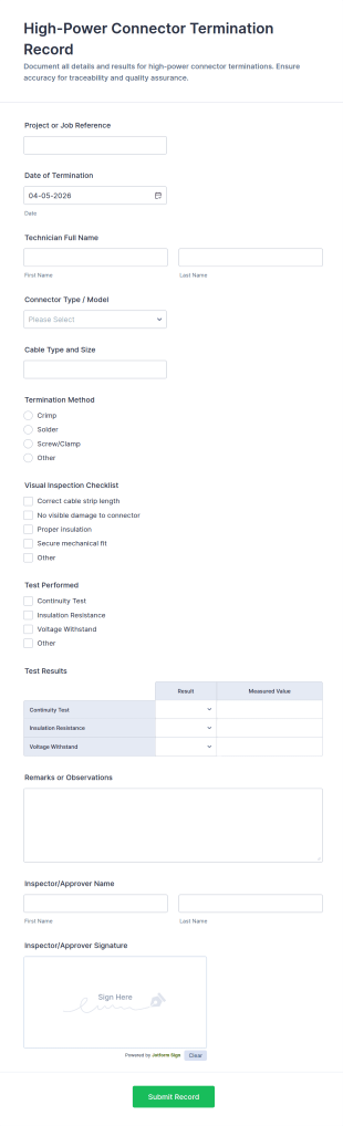 High Power Connector Termination Record Form Template