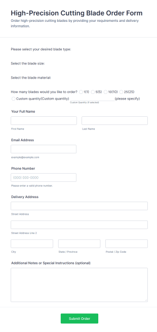 High Precision Cutting Blade Order Form Template