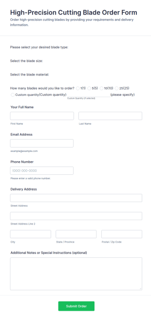 High Precision Cutting Blade Order Form Template
