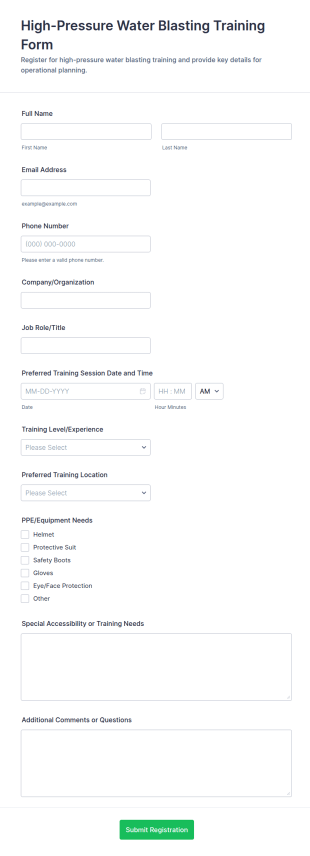 High Pressure Water Blasting Training Registration Form Template