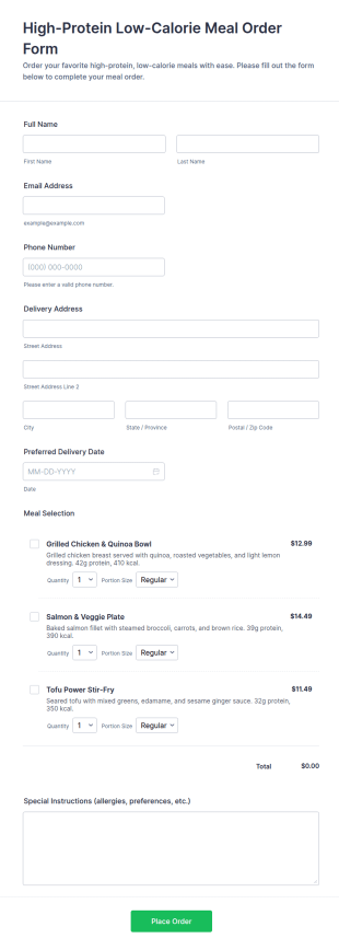 High Protein Low Calorie Meal Order Form Template