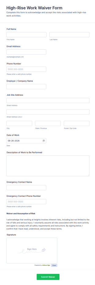 High Rise Work Waiver Form Template