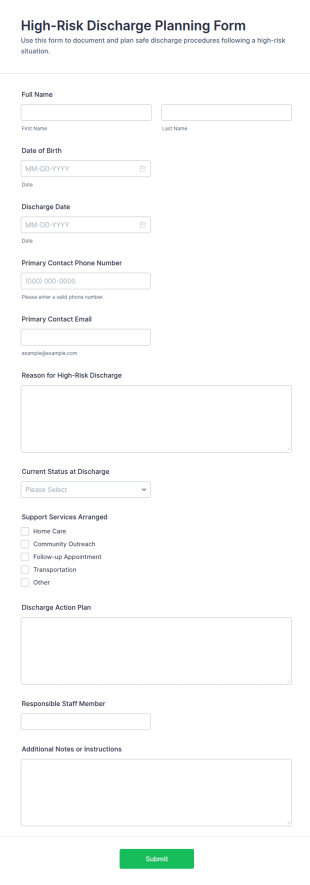 High Risk Discharge Planning Form Template