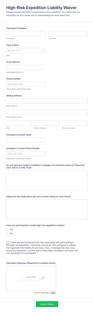 High Risk Expedition Liability Waiver Form Template