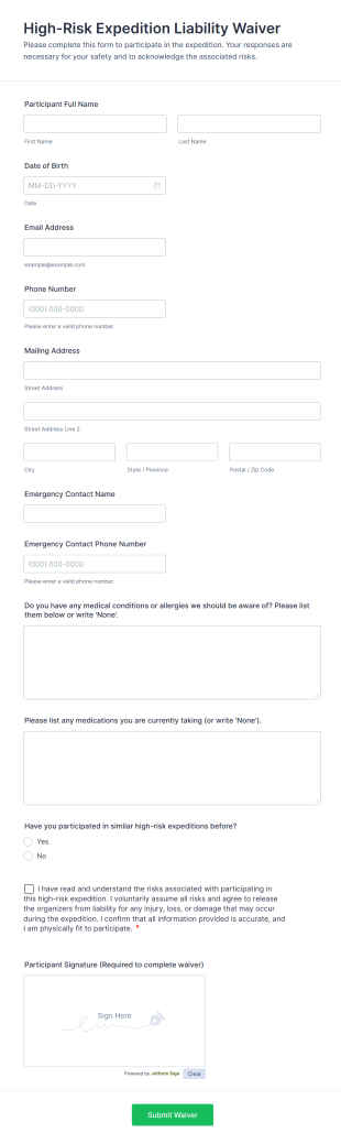 High Risk Expedition Liability Waiver Form Template